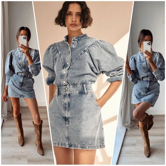 Mango Denim Dress Puff Sleeves - Picture 2 of 11